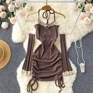 Set: Spaghetti-strap Halter Neck Mini Sheath Dress + Oversleeves