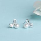 925 Sterling Silver Faux Pearl Rhinestone Star Earring 1 Pair - 925 Silver - Silver - One Size