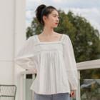 Embroidered Square-neck Long-sleeve Blouse White - One Size
