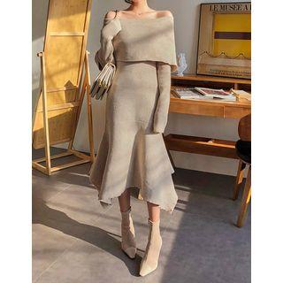 Capelet Ruffle-hem Long Knit Dress