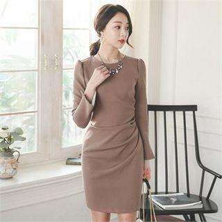 Slit-cuff Shirred Sheath Dress