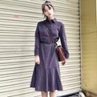 Ruffle Hem Long-sleeve Midi Collared Dress