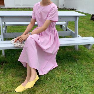 Plain Short-sleeve A-line Midi Dress Purplish Pink - One Size