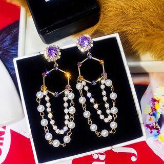 Rhinestone Faux Pearl Drop Earring 1 Pair - Silver Stud - Purple & White - One Size