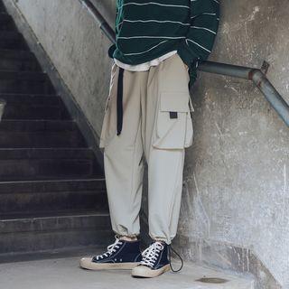 Gather-cuff Side-pocket Plain Cargo Pants