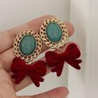 Oval Bow Drop Earring 1 Pair - Silver Needle Earring - Gold Trim & Red Bow - Dark Green - One Size