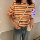 Color-block Striped Crewneck Short-sleeve T-shirt Tangerine - One Size