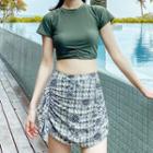 Set: Short-sleeve Tankini Top + Printed Swim Skirt