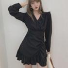 Long-sleeve Ruched Ruffle Trim Mini A-line Dress