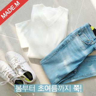 V-neck Elbow-sleeve Boxy-fit Knit Top