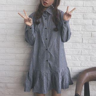Ruffle Hem Pinstriped Shirtdress