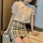 Short-sleeve Striped Chiffon Shirt / Plaid Mini Fitted Skirt