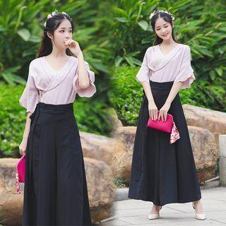 Set: Flared-sleeve Flower Embroidered Blouse + Wide Leg Cropped Pants