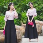 Set: Flared-sleeve Flower Embroidered Blouse + Wide Leg Cropped Pants