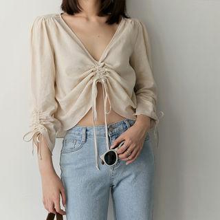 V-neck Long-sleeve Drawstring-detail Top