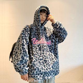 Lettering Leopard Print Fleece Hoodie