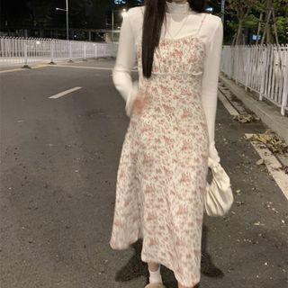 Floral Spaghetti-strap Dress / Long-sleeve Ruffle Trim Plain Top
