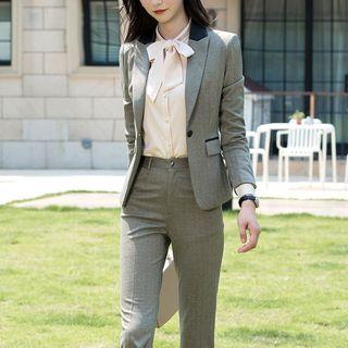 Set: Peak Lapel Blazer + Wide Leg / Plain Pants + Tie-neck Shirt