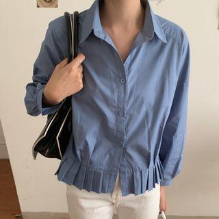Long-sleeve Plain Pleated Panel Blouse Blue - One Size