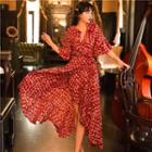 Irregular Hem Printed Elbow-sleeve Midi A-line Dress