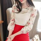 Faux-pearl Trim Floral-panel Top
