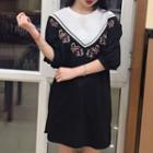 Flower Embroidered Color Panel Elbow Sleeve Dress