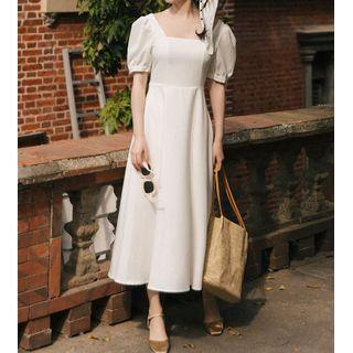 Puff-sleeve Square-neck Plain Midi Dress