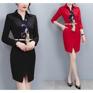Tie Neck Elbow-sleeve Sheath Dress