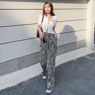 Short-sleeve Zipper Cropped Top / High-waist Zebra Print Pants
