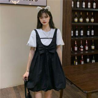 Puff-sleeve Top / Bow-front Mini A-line Overall Dress