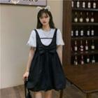 Puff-sleeve Top / Bow-front Mini A-line Overall Dress