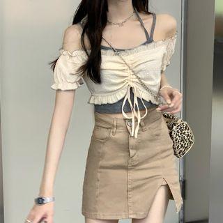 Off-shoulder Drawstring Crop Top / Camisole Top / Mini Pencil Skirt