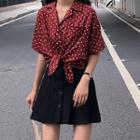 Short-sleeve Dotted Short Shirt / Mini Pleated Skirt