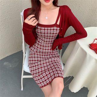 Long-sleeve Plain Cardigan + Sleeveless Plaid Slim Fit Dress