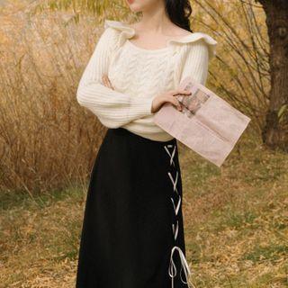 Set: Puff-sleeve Ruffled Sweater + Lace-up Midi A-line Skirt