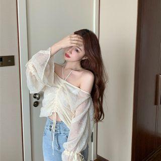 Long-sleeve Cold Shoulder Drawcord Crop Top / A-line Mini Skirt