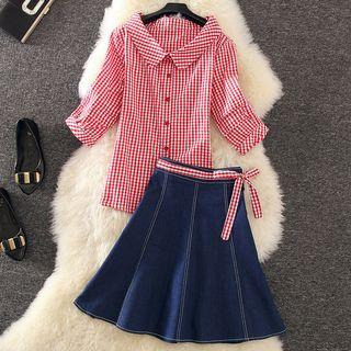 Set: Gingham Elbow-sleeve Shirt + A-line Denim Skirt