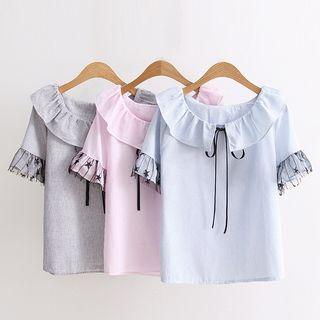 Lace Trim Collared Short Sleeve Blouse