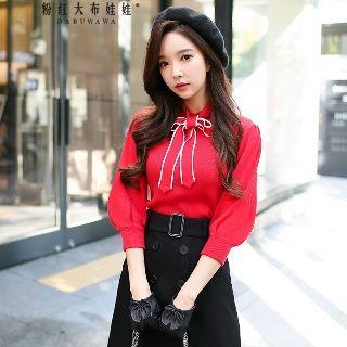 3/4-sleeve Bow-neck Knit Top
