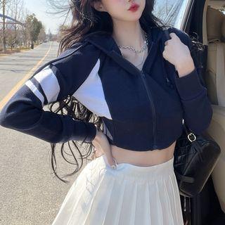 Two-tone Cropped Zip-up Hoodie / Mini A-line Skirt