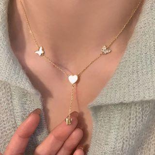 Butterfly Heart Pendant Necklace Gold & White - One Size