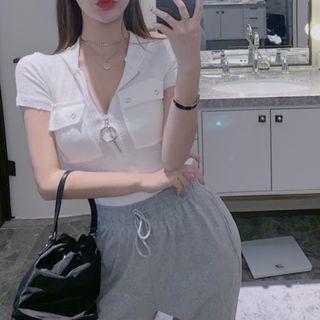V-neck Zip Short-sleeve Top