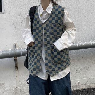V-neck Plaid Pocket Detail Vest