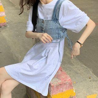 Short-sleeve Mini A-line Dress / Denim Cropped Camisole Top