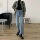 High-waist Frayed Trim Straight Leg Jeans