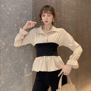 Open-placket Gathered-waist Blouse Beige - One Size