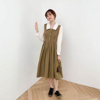 Two Tone Button-up Pleated A-line Dress