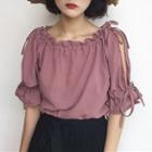 Plain Frill Trim Cut Out Shoulder Elbow Sleeve Top