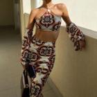 Set: Print Halter Top + Arm Sleeves + Maxi Skirt