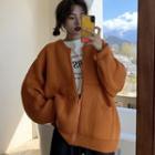 Oversize Plain Zip Knit Cardigan Tangerine - One Size